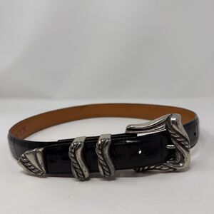 Vintage ONYX 19403 Black Leather Belt Size 28 Marked 1993 90s Silver Buckle Tip